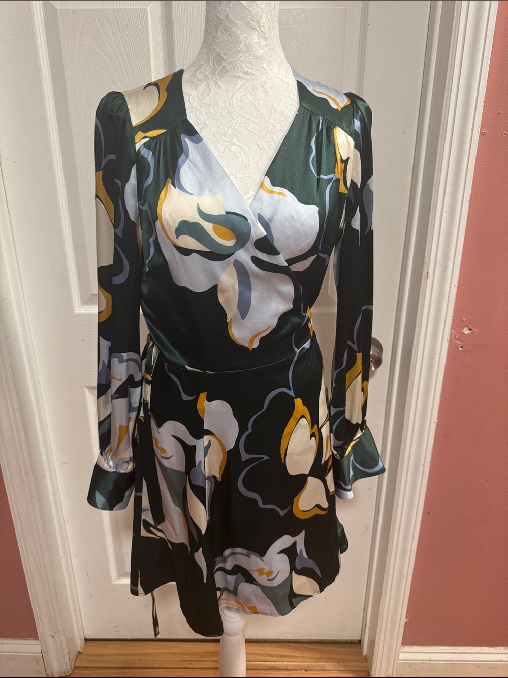 Reformation Long Sleeve Floral Wrap Dress in Dark Green and Mustard